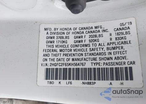 2019 Honda Civic Lx z USA, uszkodzony, nr VIN 2HGFC2F65KH564767